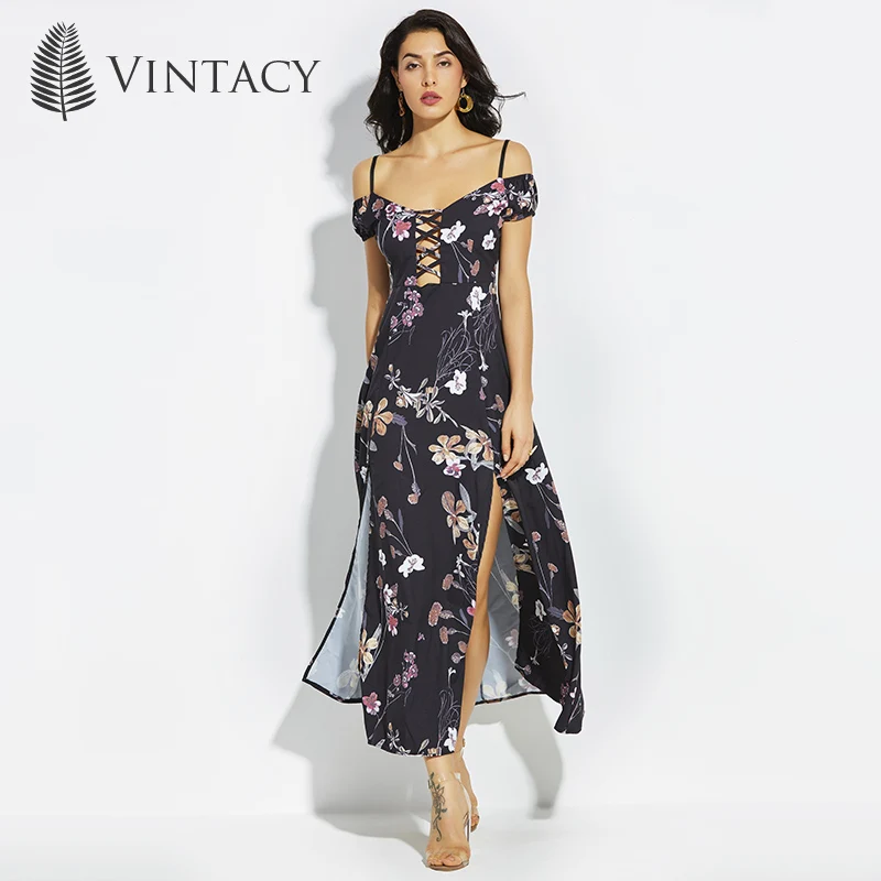 Vintacy Plus Size women Black long maxi dress Zipper 2017 Slash Neck summer dresses Hollow party floral print spring dress long-floral-maxi : image Vintacy Plus Size women Black long maxi dress Zipper 2017 Slash Neck summer dresses Hollow party floral print spring dress long-floral-maxi