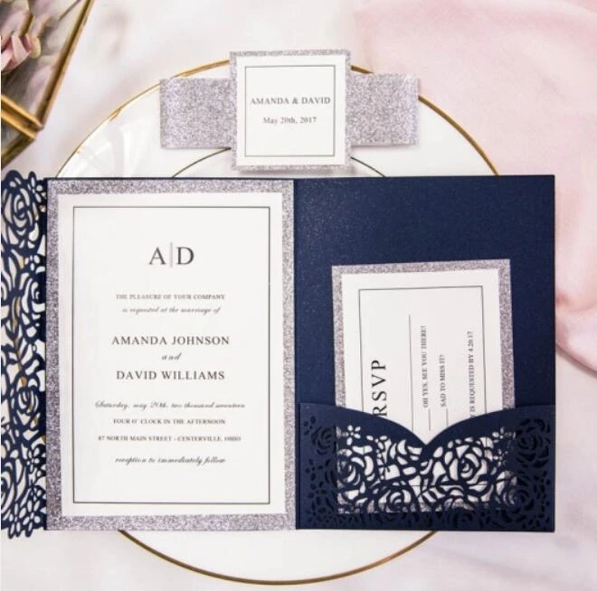 

Customized Blue Laser Cut Wedding Party Invitation Card, Marriage Engagement invitations with RSVP, 100PCS , Express shipping