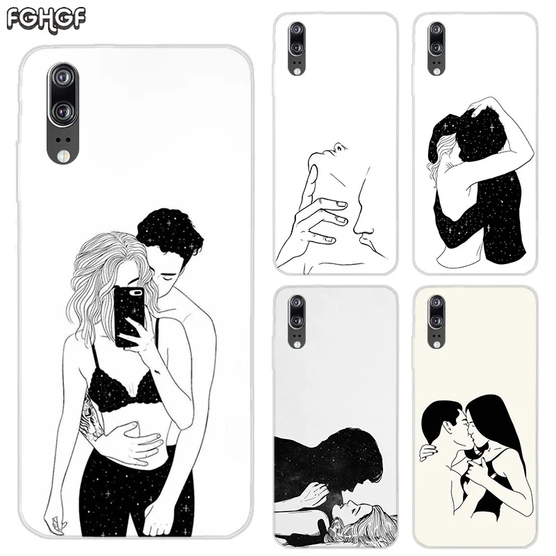 Sketch Couple Soft Silicone Phone Back Case For Huawei P20 P30 P8 P9 P10 lite Pro Plus P Smart + TPU Cover |