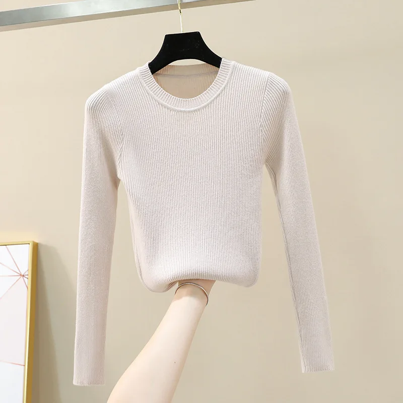 Новинка, осенне-зимний мягкий пуловер с круглым вырезом, свитера для женщин, рубашка первоклассника с длинным рукавом, короткий корейский облегающий свитер - Цвет: Бежевый