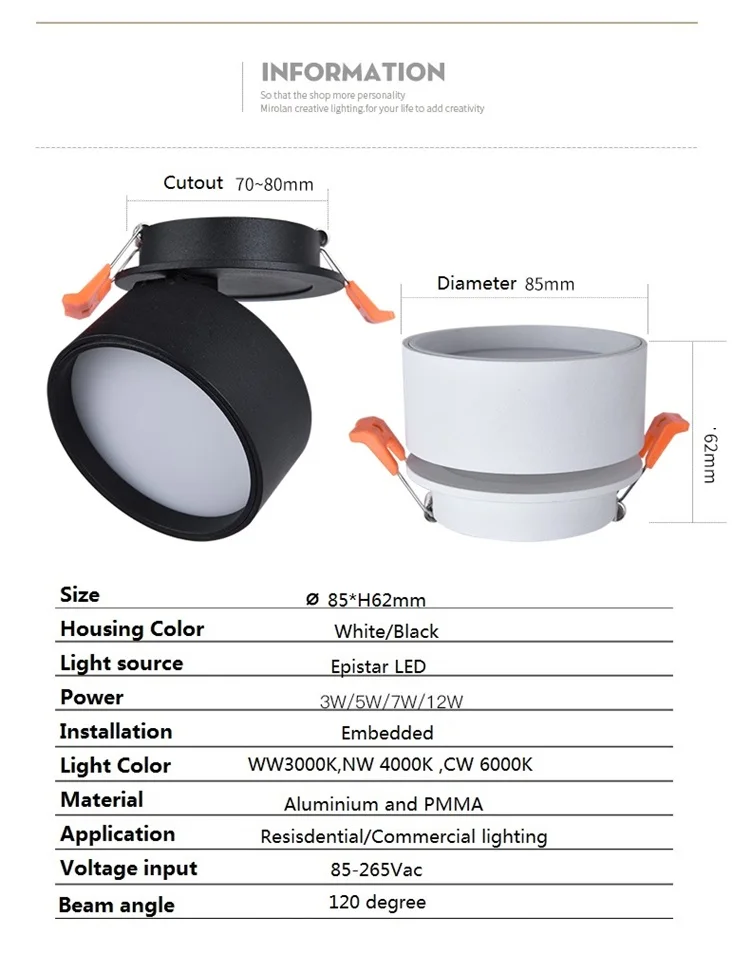 85-265Vac input 3W/5W/7W/12W embedded LED ceiling lamp ,Foldable and 360 degree rotatable light spray background down light