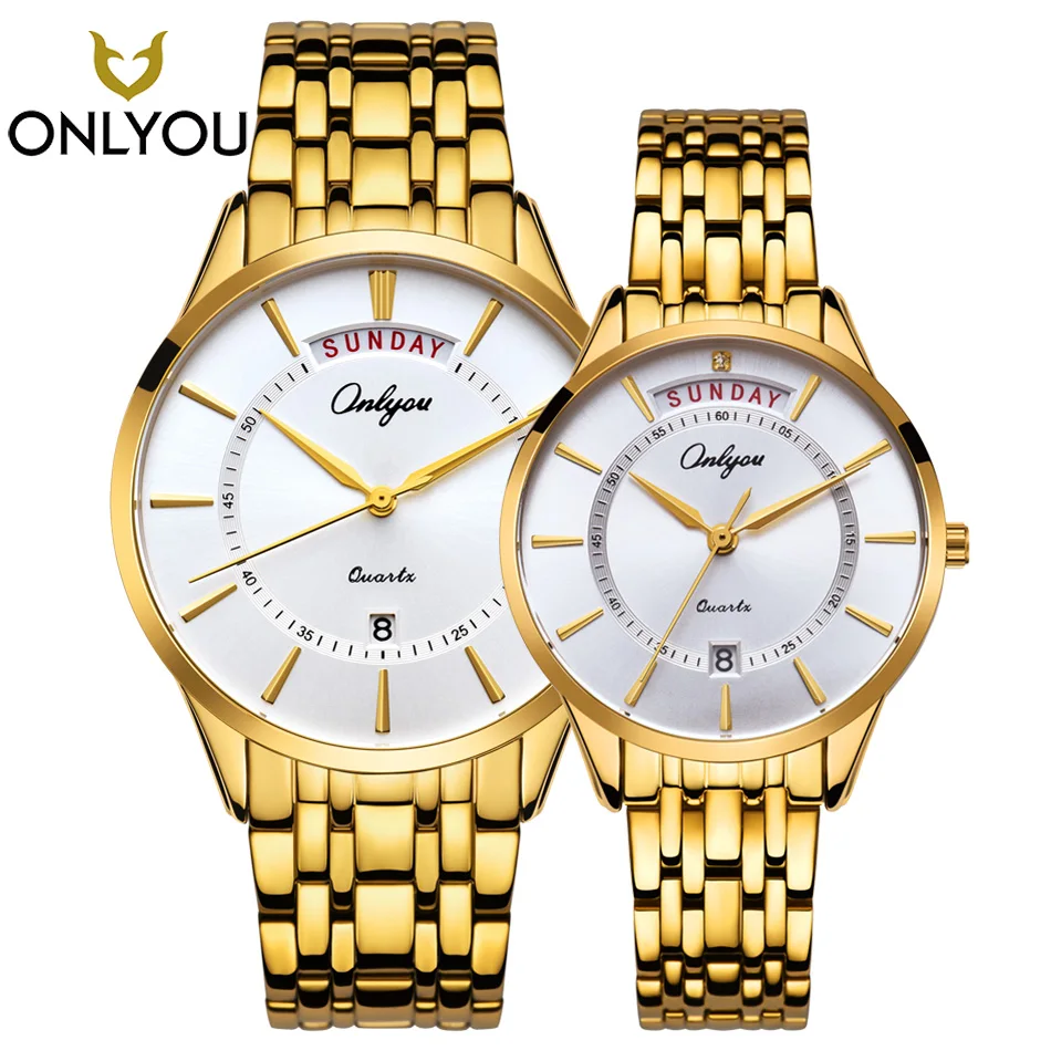

ONLYOU 2PCS Luxury Golden Quartz Watch Casual Watches Women Waterproof Wristwatch Man Military Clock date Shown Lovers Watch hot