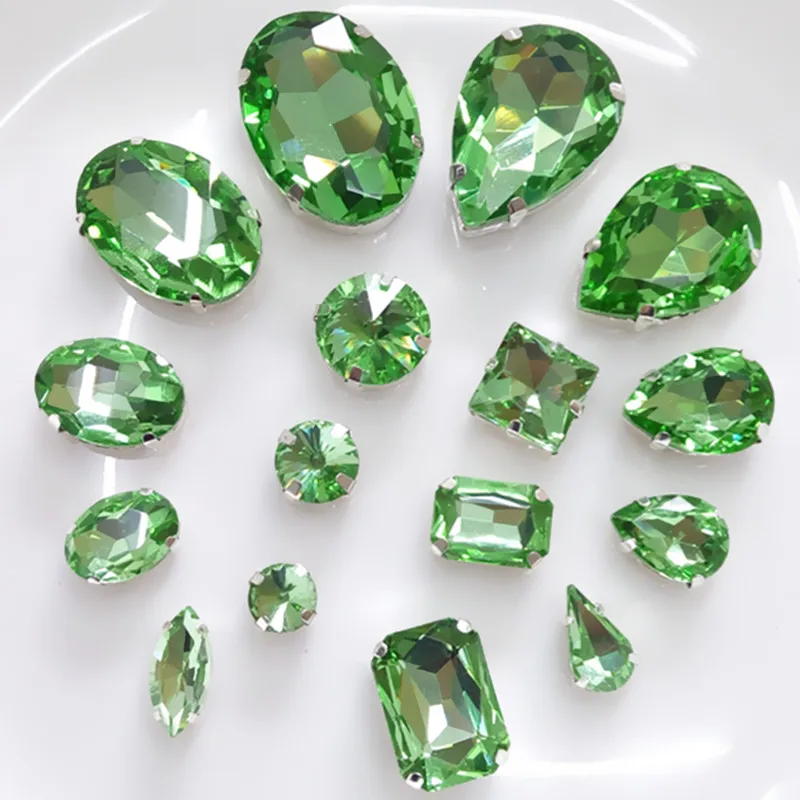 

Mixed Shapes Sizes Peridot / light green Color Sewing Glass Crystal Sew On Beads with Claw Setting For garment dress bags