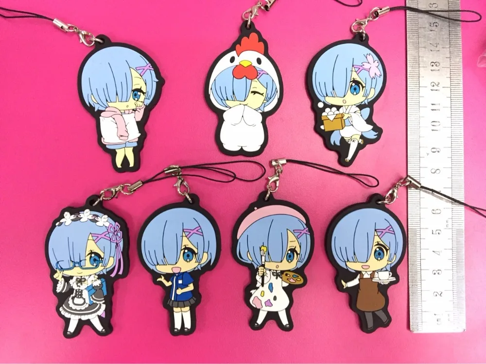 

7 pcs/lot Anime Re:Life in a different world from zero Figure Keychain phone strap Rem Ram pvc Pendants Toy gifts