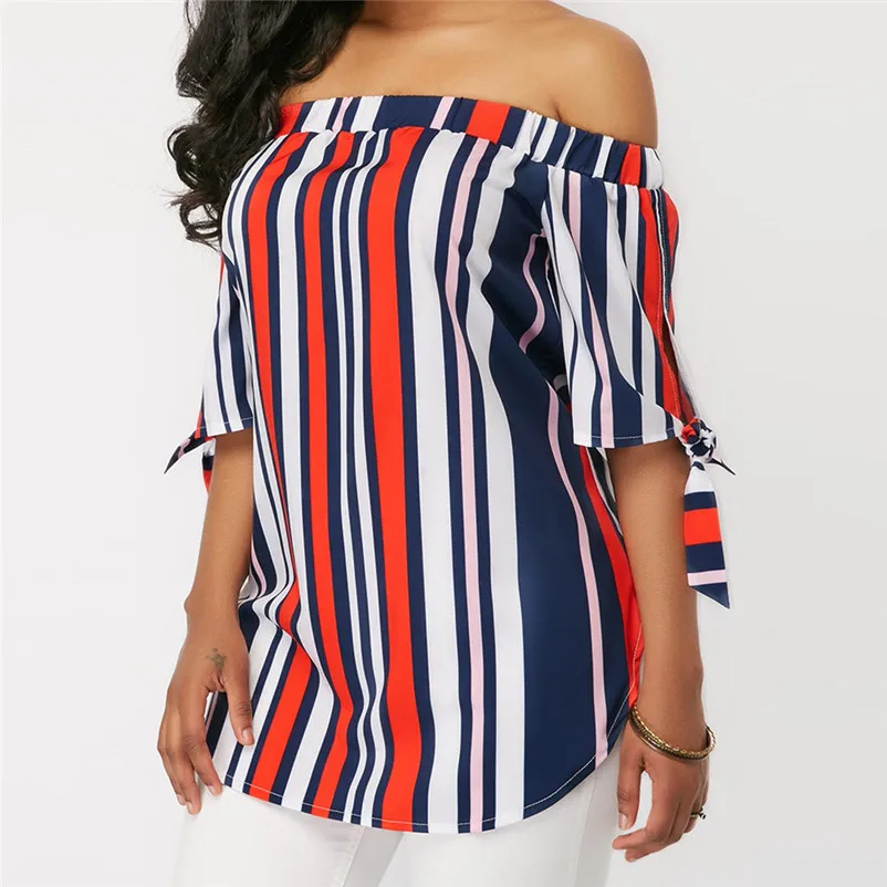 Fashion womens tops and blouses summer 2018 Casual Off Shoulder Bandage Stripe Printed Tops Blouses Shirts camicette Y30#N  (8)