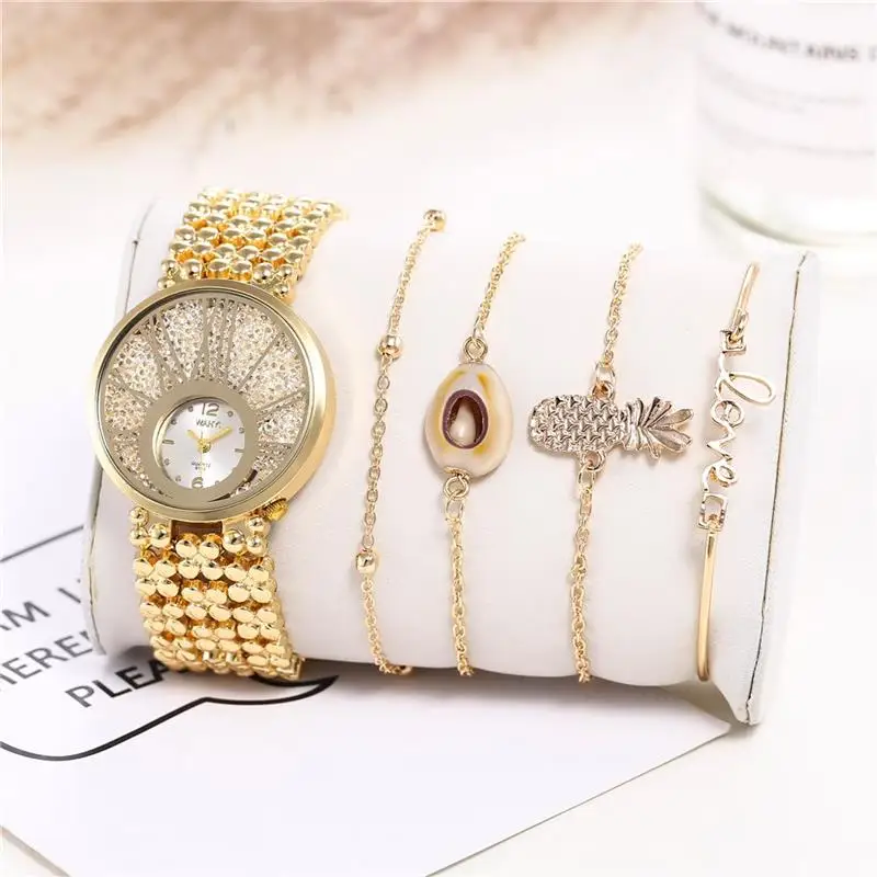 

Bling Bling Diamond Watch Set Women'S Luxury Brand Stainless Steel Quartz Wristwatch Fashion Crystal Rhinestone Gold Watches