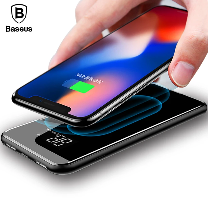 Baseus 8000mAh QI Wireless Charger 2A Dual USB Power Bank For iPhone X 8 LCD font