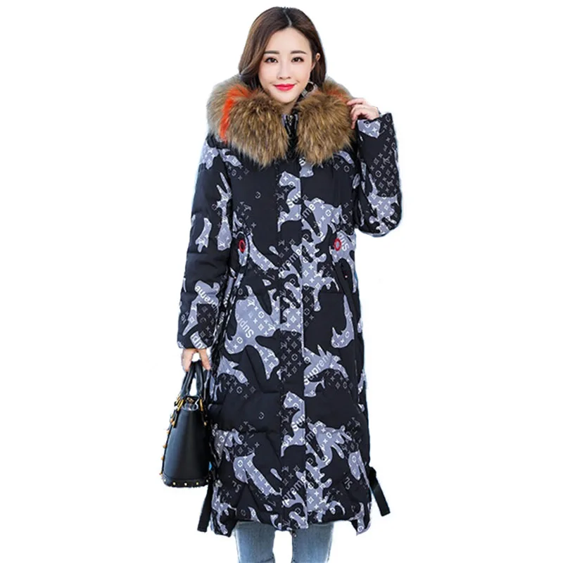 

New Plus size 5XL Winter parkas women Camouflage cotton jacket Fur collar Hooded coat female Thicken jackets 100KG can wear H566