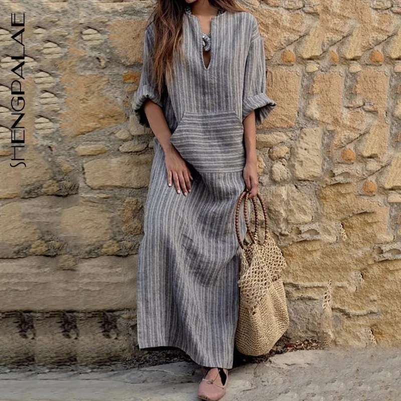 

SHENGPALAE Women Striped Dress 2019 Summer Vintage Casual Loose Maxi 5XL Dresses V Neck Long Sleeve Vestidos Plus Size YE162