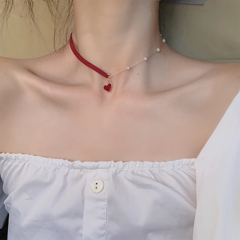 

2019 New Arrival Women Chokers Necklaces Trendy Chain Cotton Heart Party Necklace For Female Korean Jewelry Red Heart Necklace