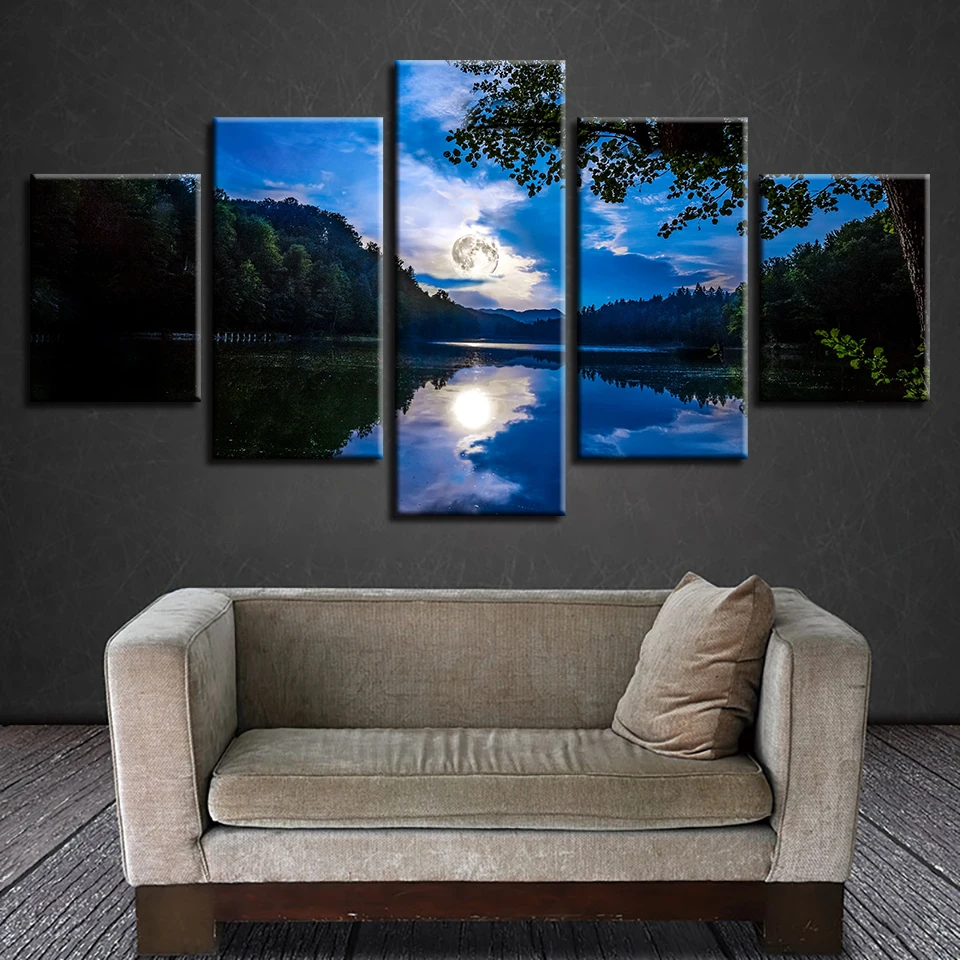 

Wall HD Printed Decor Modular Pictures Frame Art 5 Pieces Blue Sky White Cloud Mountain Lake Abstract Landscape Canvas Paintings