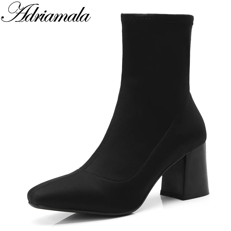 

2018 Stretch Fabric Women Boots High Heel Mid-calf Round Toe Square Heel Motorcycle Boots New Fashion Autumn Shoes Adriamala