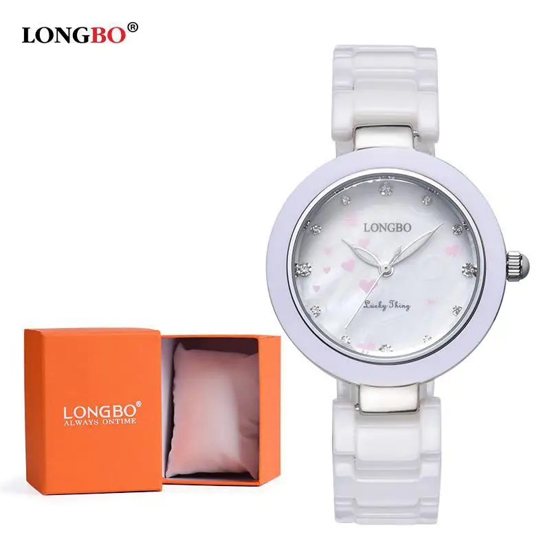 Бренд Longbo Higth качественные женские белые керамические часы Новые Модные женские кварцевые часы водонепроницаемые Роскошные женские наручные часы - Цвет: Silver With Gift Box