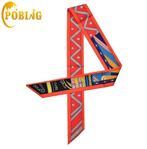 

POBING New Design Scarf Dot Striped Print Women Silk Scarf Fashion Head Scarf Brand Small Tie Handle Bag Ribbon Long Scarves