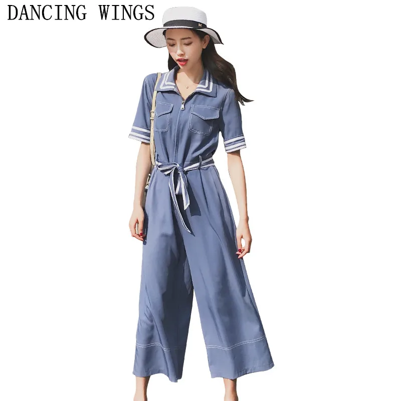 

Small Fragrant Striped Lapel Short Sleeve Jumpsuit Rompers Loose Fashion Women High Waist Lace Up Chiffon Overalls