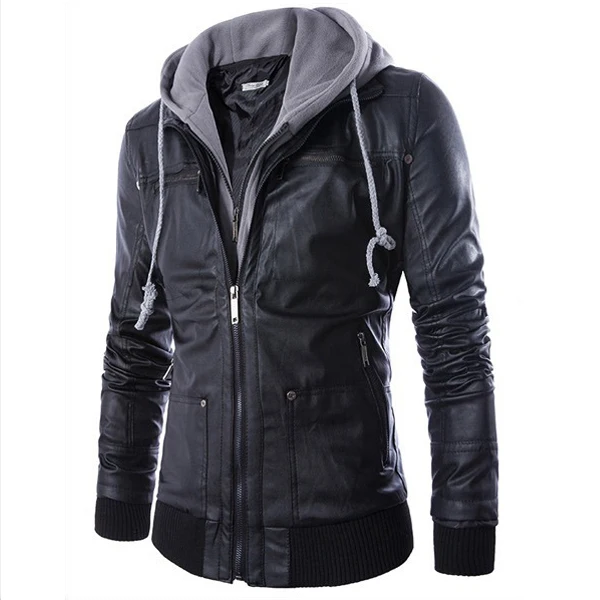 HOT Selling Men Motorcycle Black PU Leather Coats With Hooded Mens Slim Fit Jackets Men