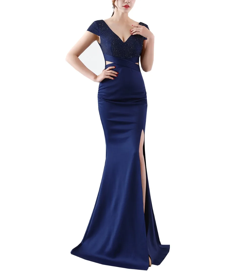 Solovedress Prom Dress Mermaid Бисер с разрезом на ноге прорезью официальное свадебное платье Кепки рукава с глубоким v-образным вырезом платье с