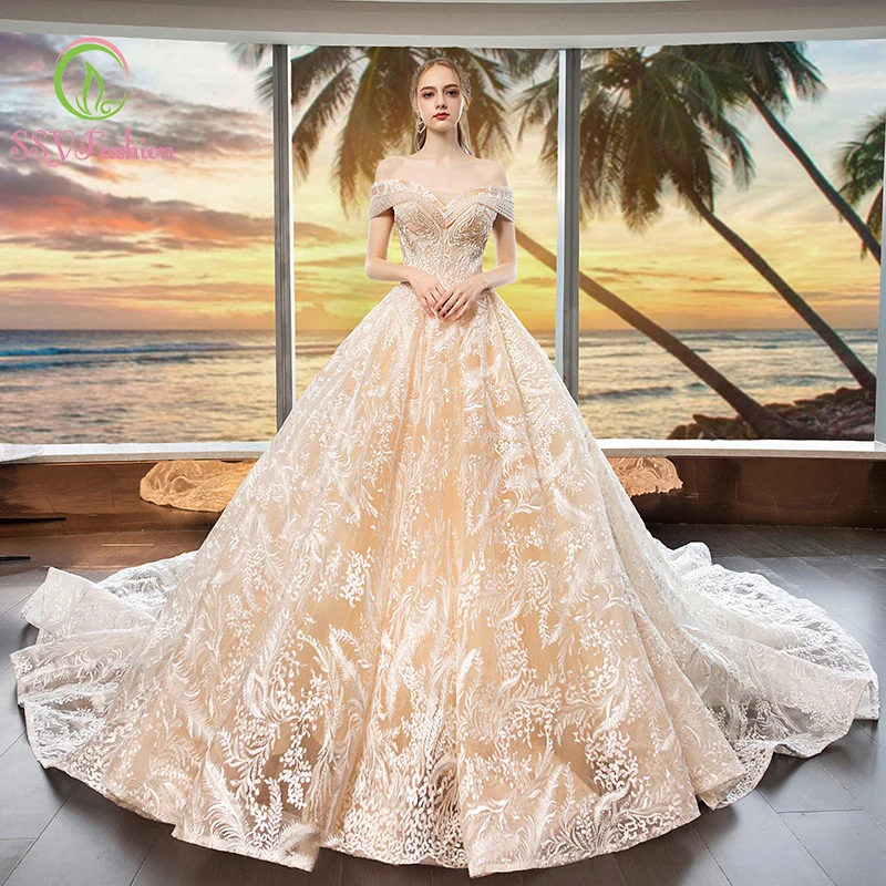 

SSYFashion Boat Neck Lace Up Back Sweep Train Floor-Length Luxury Wedding Dress Bride Married Wedding Gown Vestido De Noiva
