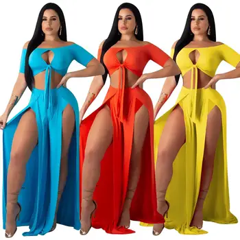 

Two Piece Sets Beach Suits 2020 Summer Off The Shoulder Tie Up Crop Tops and High Split Slim Maxi Skirts Sexy Party Club Outfits