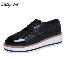 Lucyever 2017 Printemps Automne Femmes Chaussures En Cuir Verni Occasionnels Classique Lace Up Plat Plate-Forme Chaussures Femme Patchwork Bout Rond Chaussures
