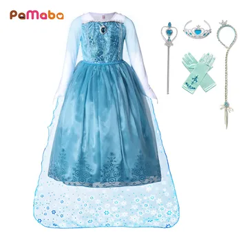 

PaMaBa Kid Novelty Carnival Costume Girl Princess Elsa Dress with Cape Long Sleeve Halloween Fancy Elsa Cosplay Child Party Gown