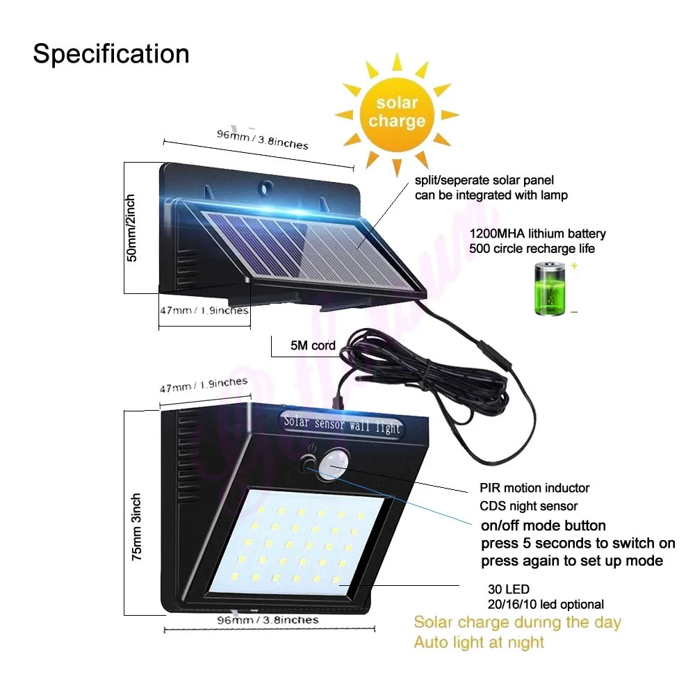 30 светодиодов фонари работающие на солнечной энергии открытый беспроводной датчик движения безопасности водонепроницаемые лампы на стены уличная лампа для дорожек с проводом 5 м