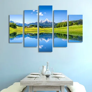 

5 Panel Natural Snow Mountain Landscape Canvas Painting Blue Lake Wall Picture Decoration House Wall Decoration
