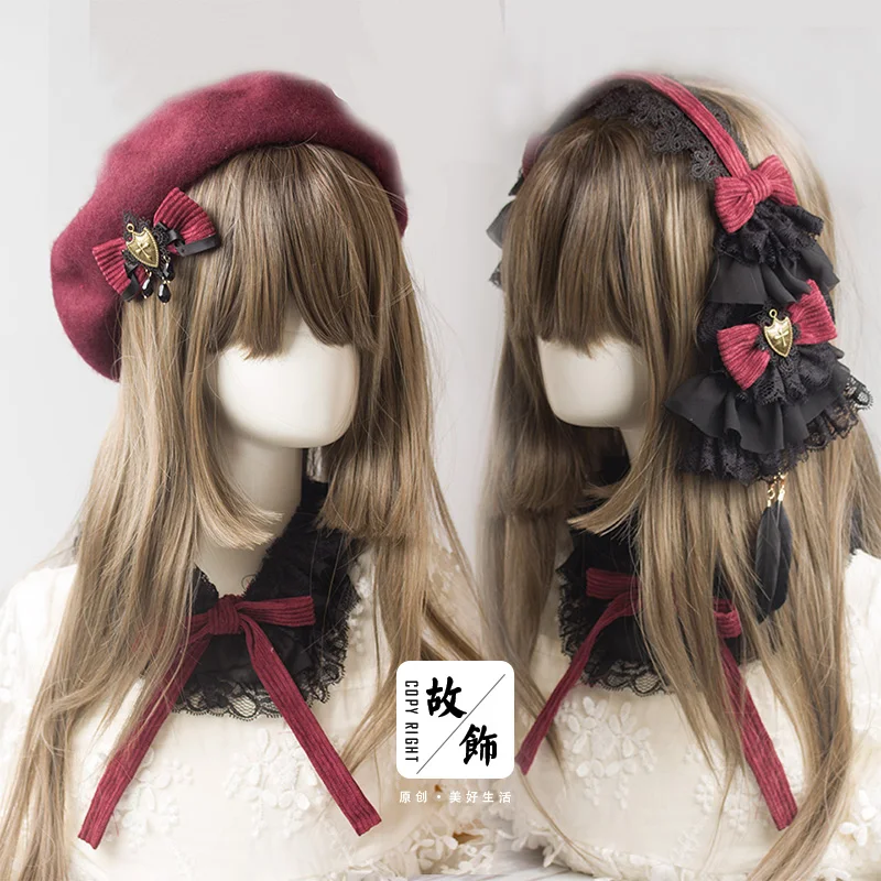 

Princess sweet lolita beret Lolita lace Gothic hand hair black corduroy hemp original hair bow Beret Clay oven rolls GSH137
