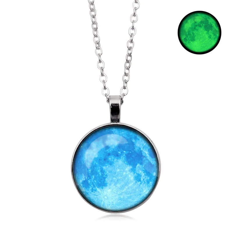 Hot sale Glow In The Dark Moon Pendant Necklace Galaxy Planet Glass Cabochon Luminous Jewelry Silver Chain Necklace Women - Окраска металла: 2