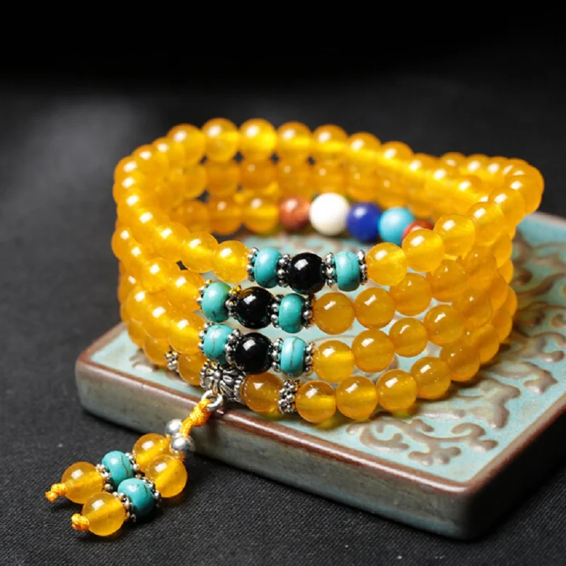 

5 Styles Natural Yellow Crystal Chalcedony 108 Mala Multicolored Beads Bracelet Lady's Beaded Bracelet Fringed Jewelry Wholesale