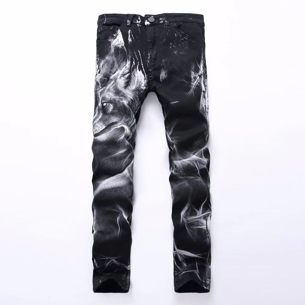 Мода 2616 г. мужская мода волк печати стрейч джинсы Тонкий черный окрашенные прямые брюки для девочек длинные мотобрюки CHOLYL
