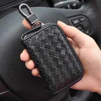 

Fashion Men Genuine Lether Key Wallet, Sheep Skin Coin Purse, Knitting pattern, Black waist key wallet sheepskin