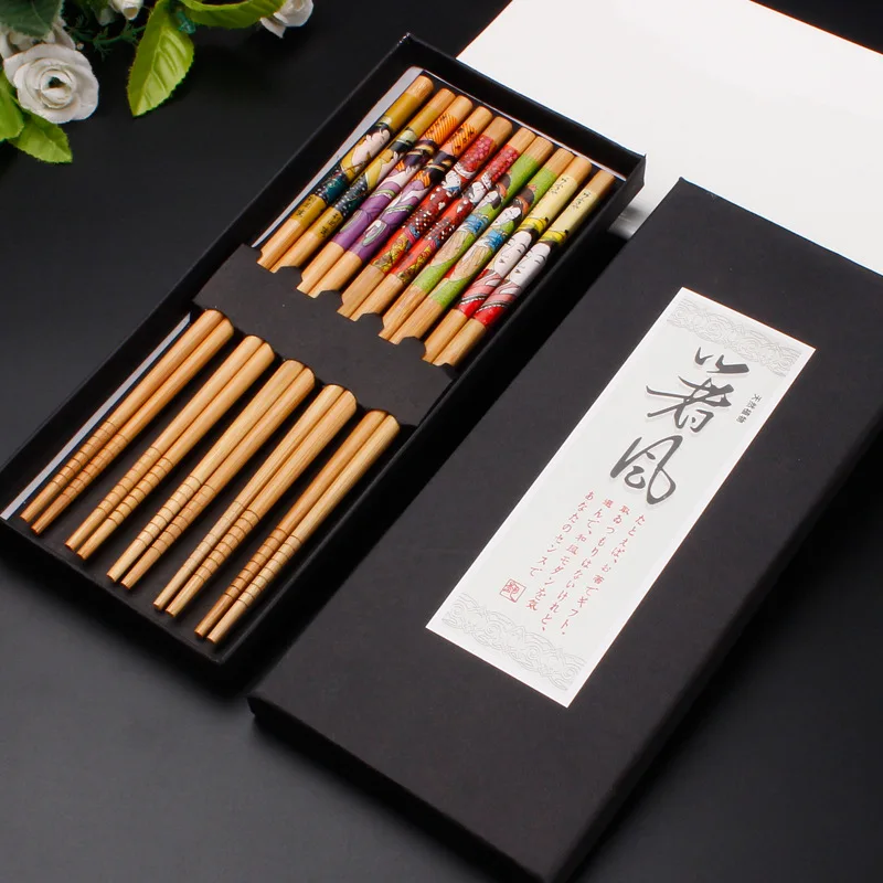 

5 pairs/Set Natural Bamboo Chinese Chopsticks Handmade Wood Wooden Chopstick Set A Gift For Friends Sushi Chinese food Tie line