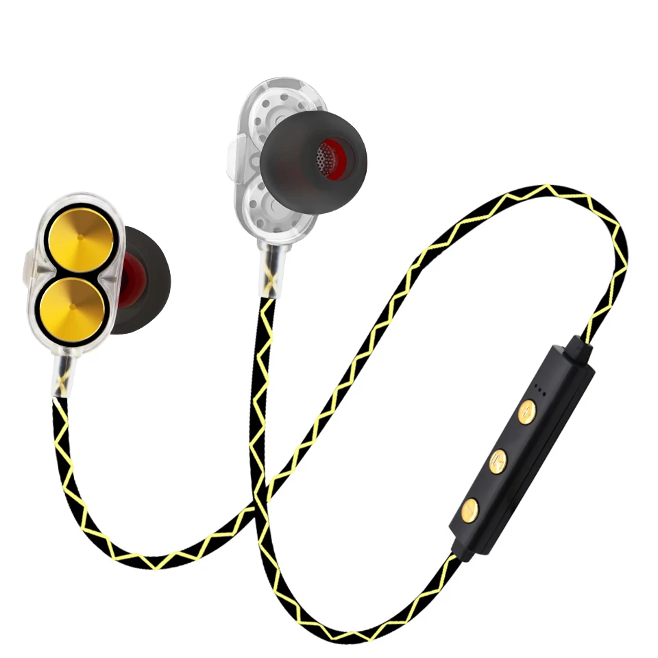 

Gold Bluetooth Earphone Dual Dynamic Speaker In-ear Running Sport Headset Earbud Bluetooth 4.2 With 4 Speakers HIFI Bass