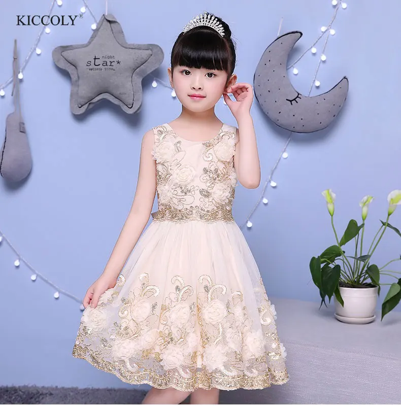 

KICCOLY 2018 Kids Girls Flower Dress Baby Girl Embroidered Birthday Party Dress Children Champagne Beading Princess Ball Gown