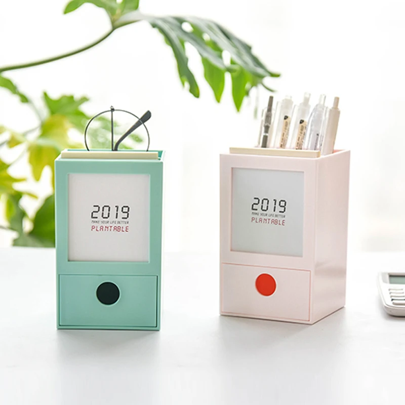 

1PC Multifunctional Kawaii Pencil Holder Desk Organizer Pens Box Drawer With 2019 Calendar And 80 Sheets Memo Pads Stationery