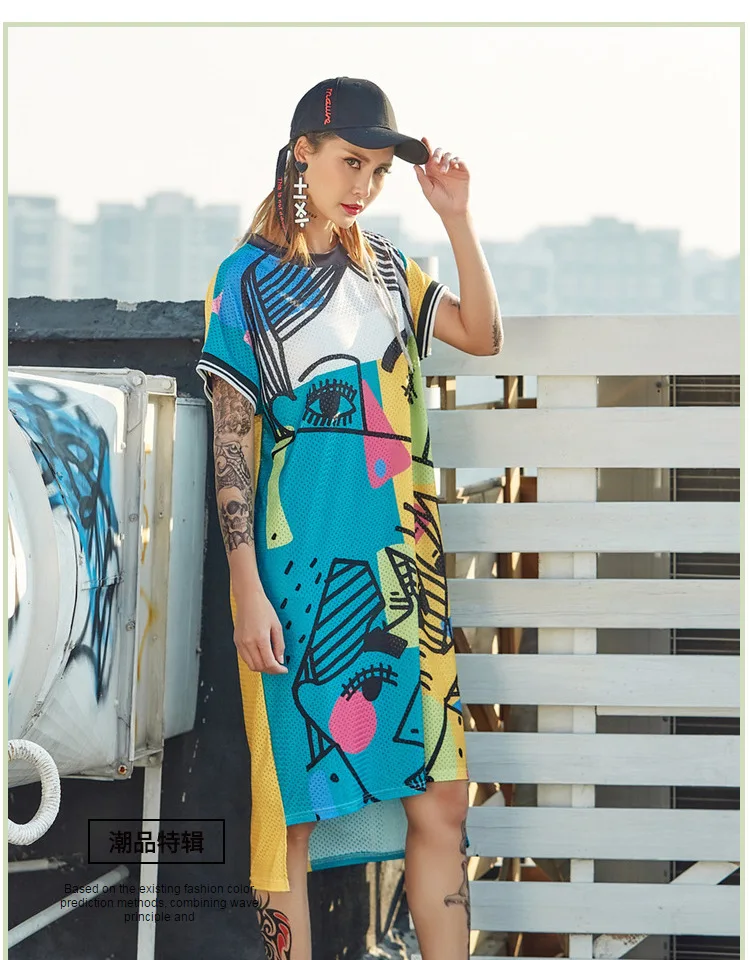 Cena 2020 nadrukowana moda sukienki dla kobiet Cartoon Graffiti proste długie koszulki sukienka Streetwear taniec hip hop tkaniny