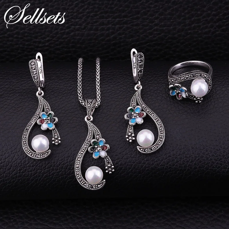

Sellsets Silver Color Women Jewlery Set With Small Enamel Flower And Imitation Pearl For Wedding Necklace Earrings Ring Sets