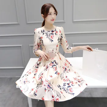 

2018 Vintage Women Dress Retro Flower Print Elegant O Neck Party Floral Dresses