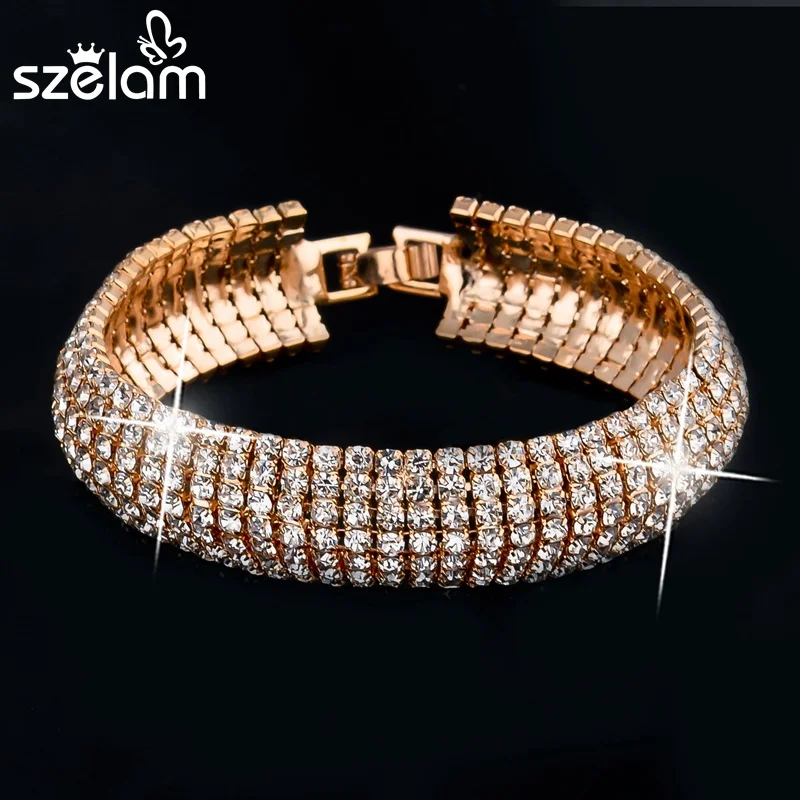 Szelam роскошный золотистый Кристалл Браслеты для женщин манжета из горного хрусталя браслеты свадебные ювелирные изделия SBR140158