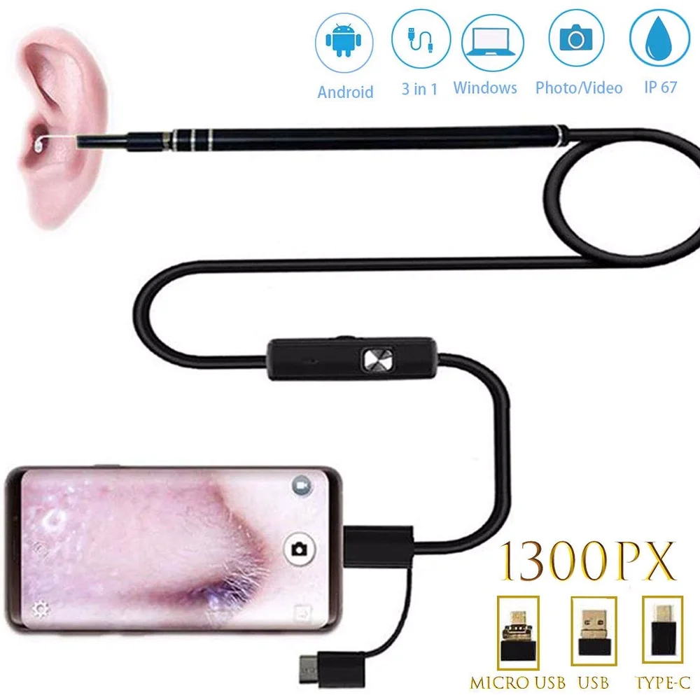 

3 In 1 6Led 5.5mm 30W IP67 Waterproof Endoscope Ear Cleaner Inspection Borescope Health Care Tool for Android PC Ipad