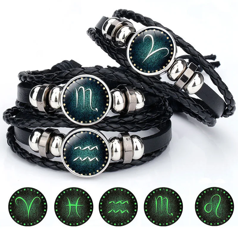 

Men leather bracelet 12 Constellation Zodiac Vintage Braided bracelets pulsera hombre armband couple Punk Luminous bracelet 2019