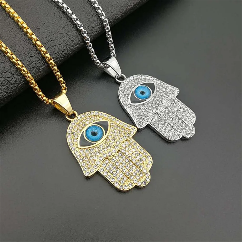 

Turkish Evil Eye Hamsa Hand of Fatima Pendant Necklace Gold Color Stainless Steel Iced Out Chain Hip Hop Women/Men Jewelry Gift