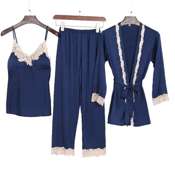

Summer And Spring New Lady Three Piece Sexy Embroidered Lace Sleepwear Elegant Long Home Clothes Lougne Comfortable Nightwear