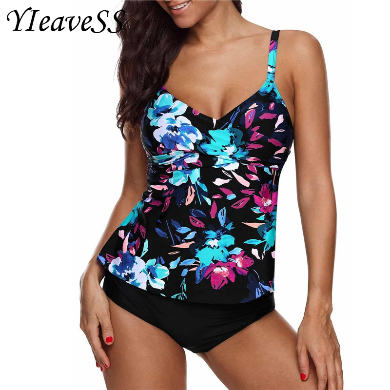 2019 زائد حجم Tankini لباس سباحة 5XL سحب قطعة Frint الأزهار السباحة فضفاضة المرأة منفصلة بيكيني الخصر رفع ملابس السباحة