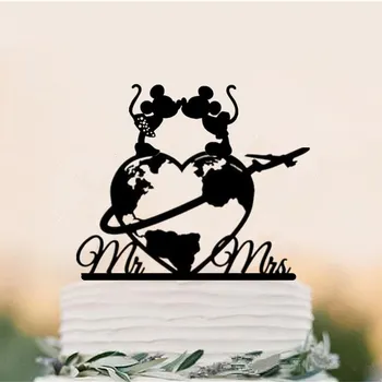 

New Design World Map Wedding Cake Topper, Mickey Minnie Honeymoon Cake Topper for Wedding/Anniversary Party Decor free shipping