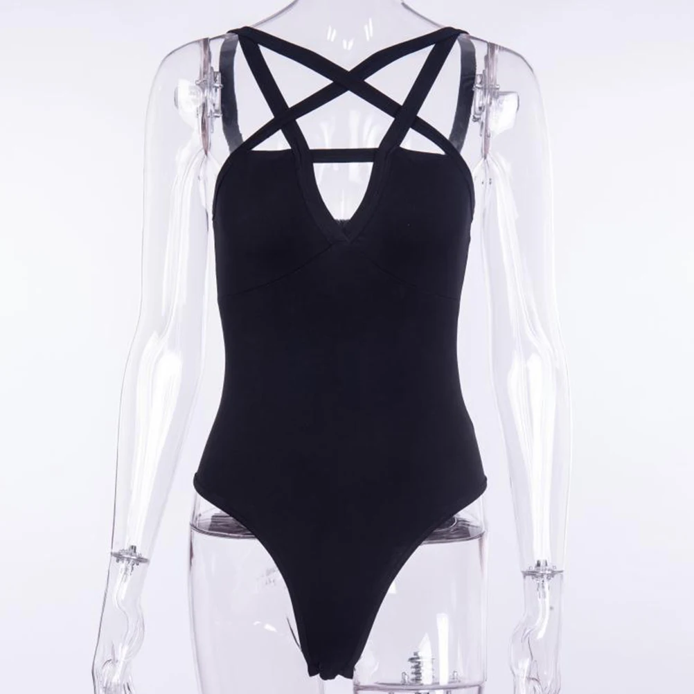 bodysuit top Sexy Gothic Women Jumpsuits Backless Cross Strap Front Design Hollow Out Pentagram Romper Black Sleeveless Slim Cami Bodysuit white body suit