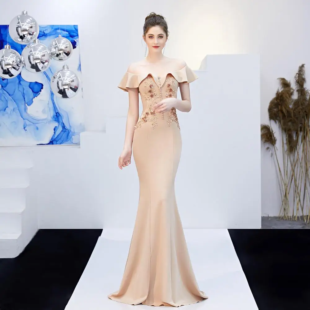 

Hot Sexy Beige Appliques Slash Neck Butterfly Sleeve Mermaid Formal Night Club Party Long Dress Elegant Special Occasion Dresses