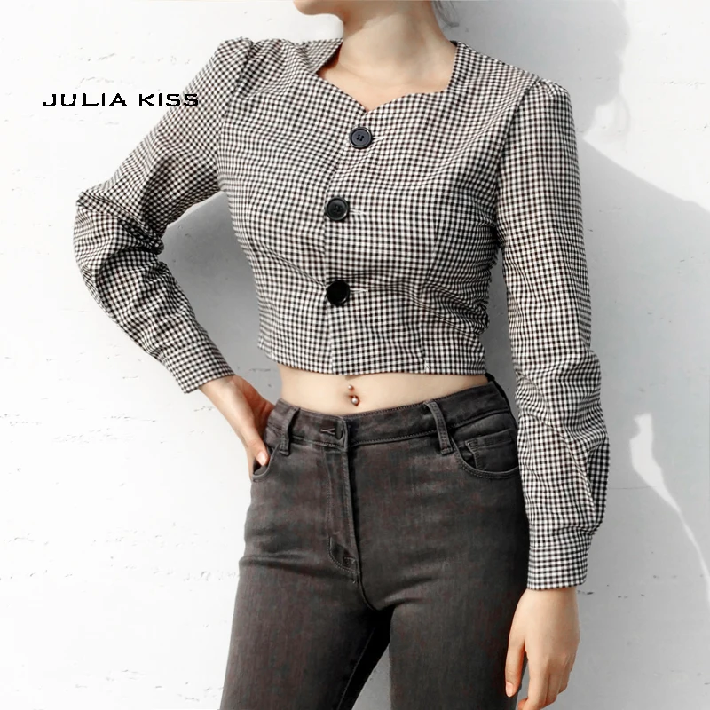 Women Button Up Plaid Blouse Gingham Top-in Blouses