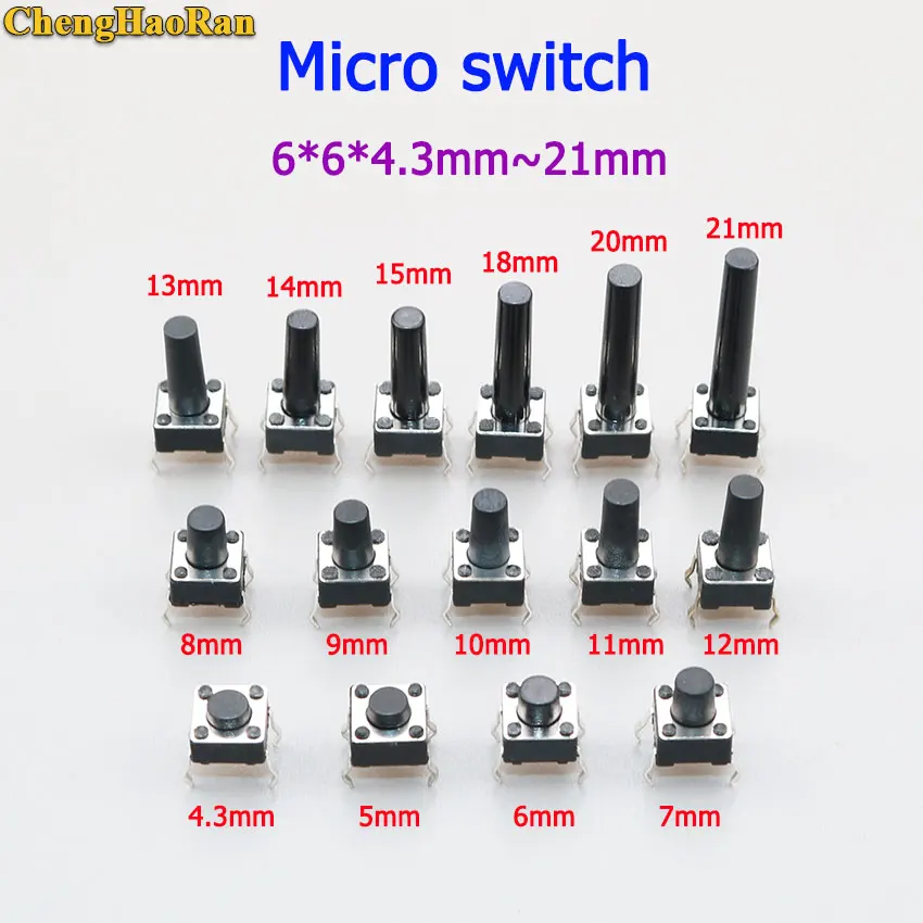 

ChengHaoRan 10pcs 6X6X4.3/5/6/7/8/9/10/11/12/13MM Tact Switch Push Micro Button Switch 4PIN DIP For TV/Toys/home use Button 6*6